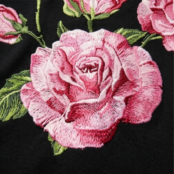 Rose Print A-Line Dress with Short Sleeves