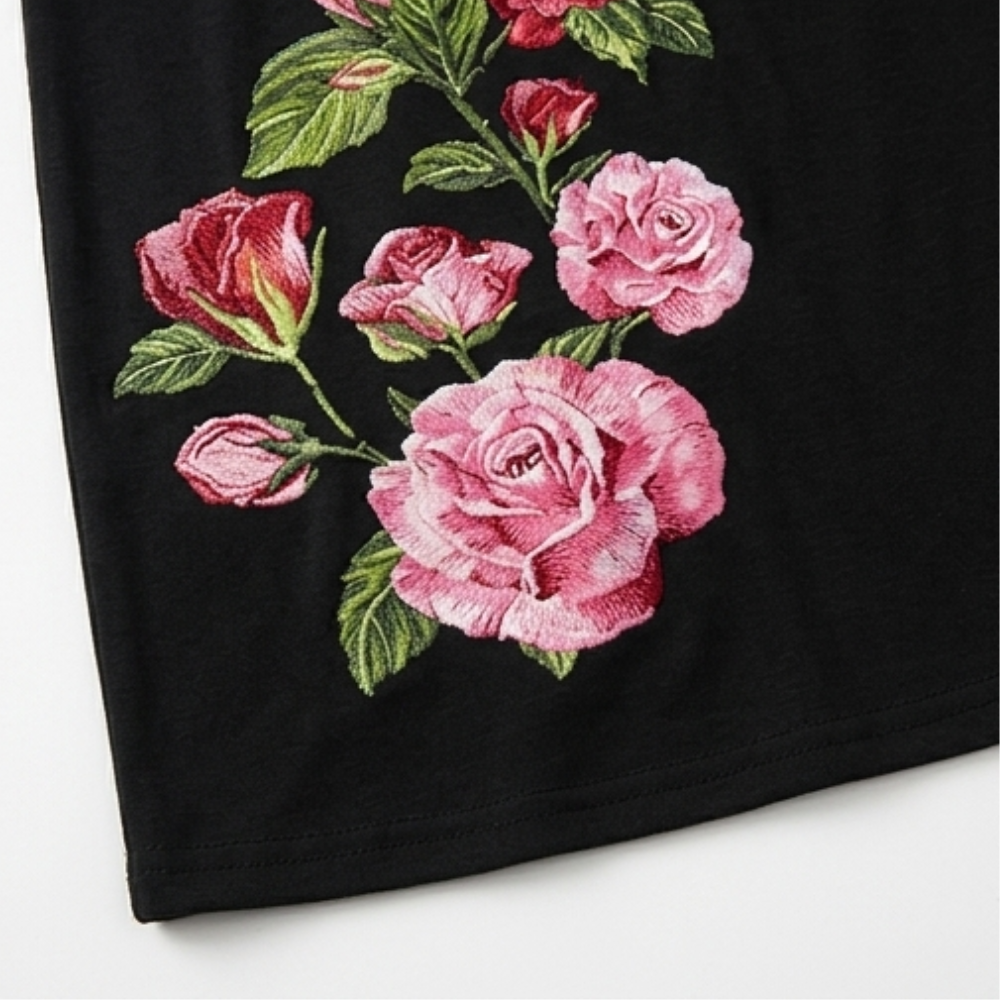 Rose Print A-Line Dress with Short Sleeves