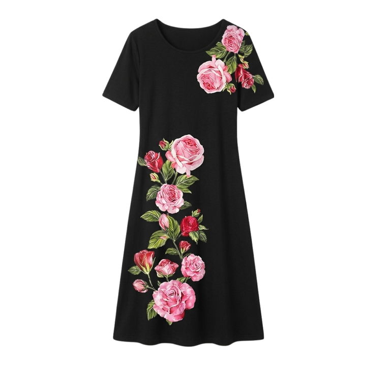 Rose Print A-Line Dress with Short Sleeves