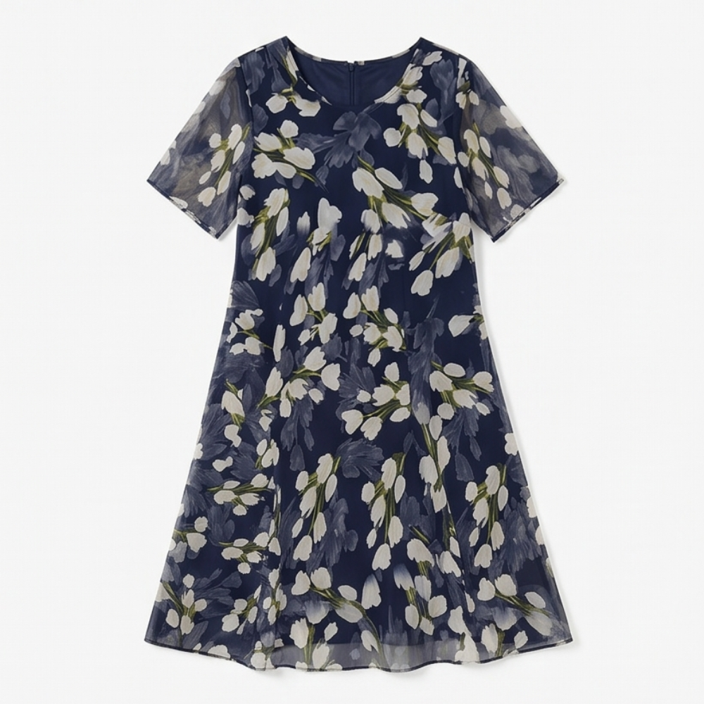 Navy Floral Midi Dress for Women – Chiffon Wedding Guest Dress