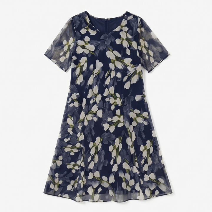 Navy Floral Midi Dress for Women – Chiffon Wedding Guest Dress