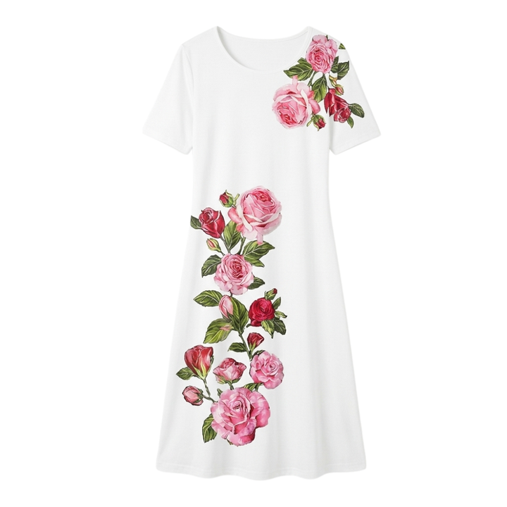 Rose Print A-Line Dress with Short Sleeves