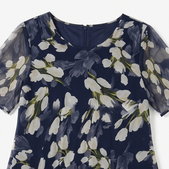 Navy Floral Midi Dress for Women – Chiffon Wedding Guest Dress