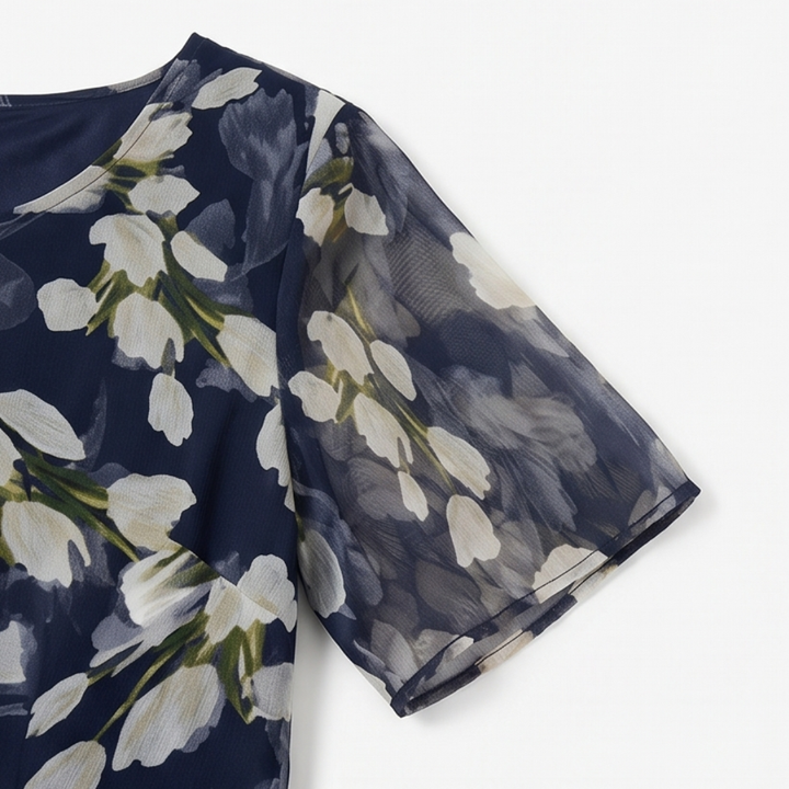 Navy Floral Midi Dress for Women – Chiffon Wedding Guest Dress