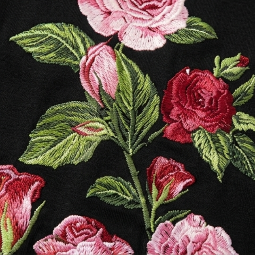 Rose Print A-Line Dress with Short Sleeves