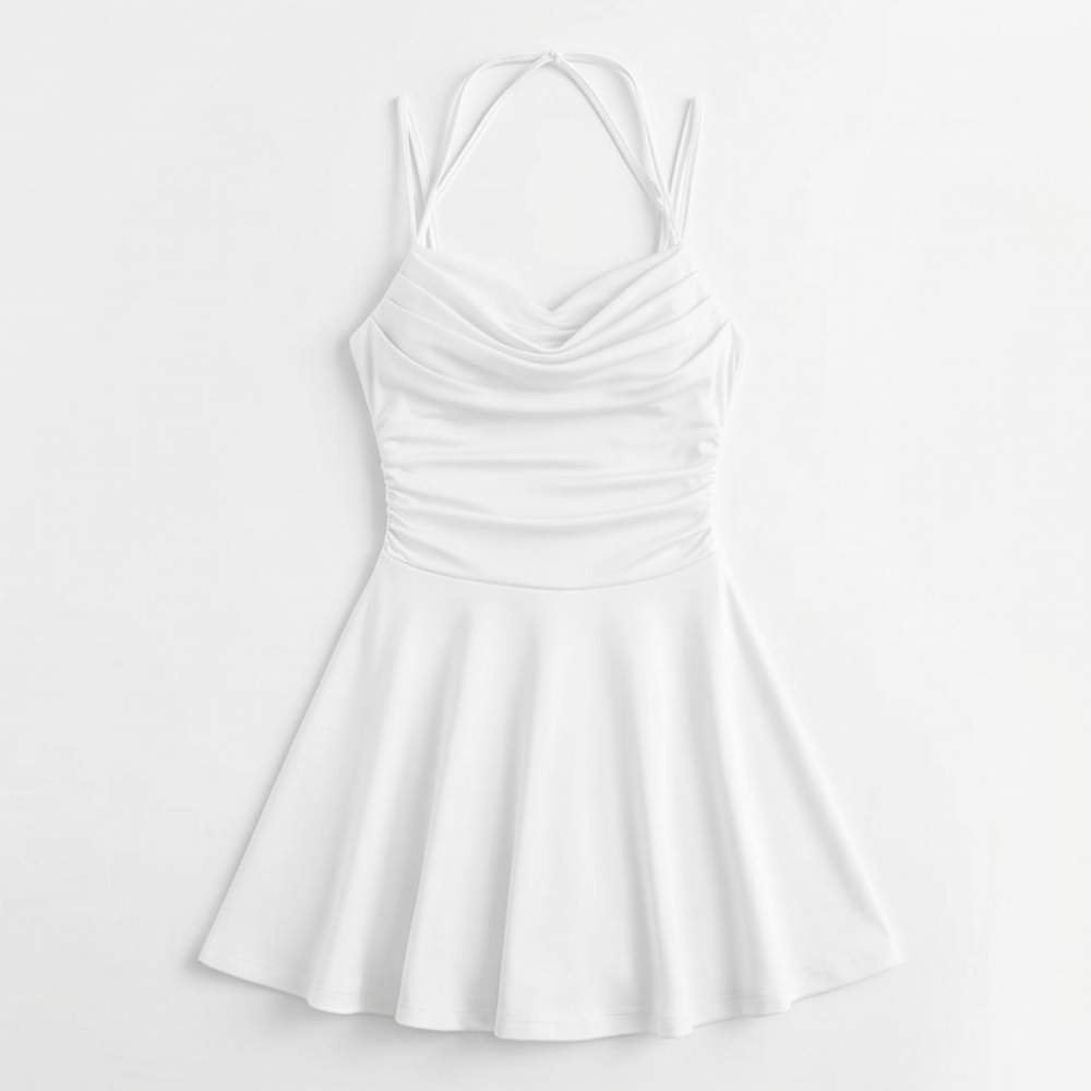 Cowl Neck Mini Dress - Ruched Satin Wedding Guest Dress