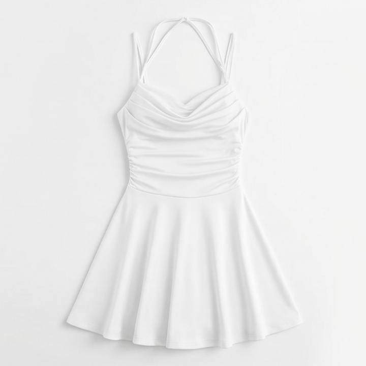 Cowl Neck Mini Dress - Ruched Satin Wedding Guest Dress