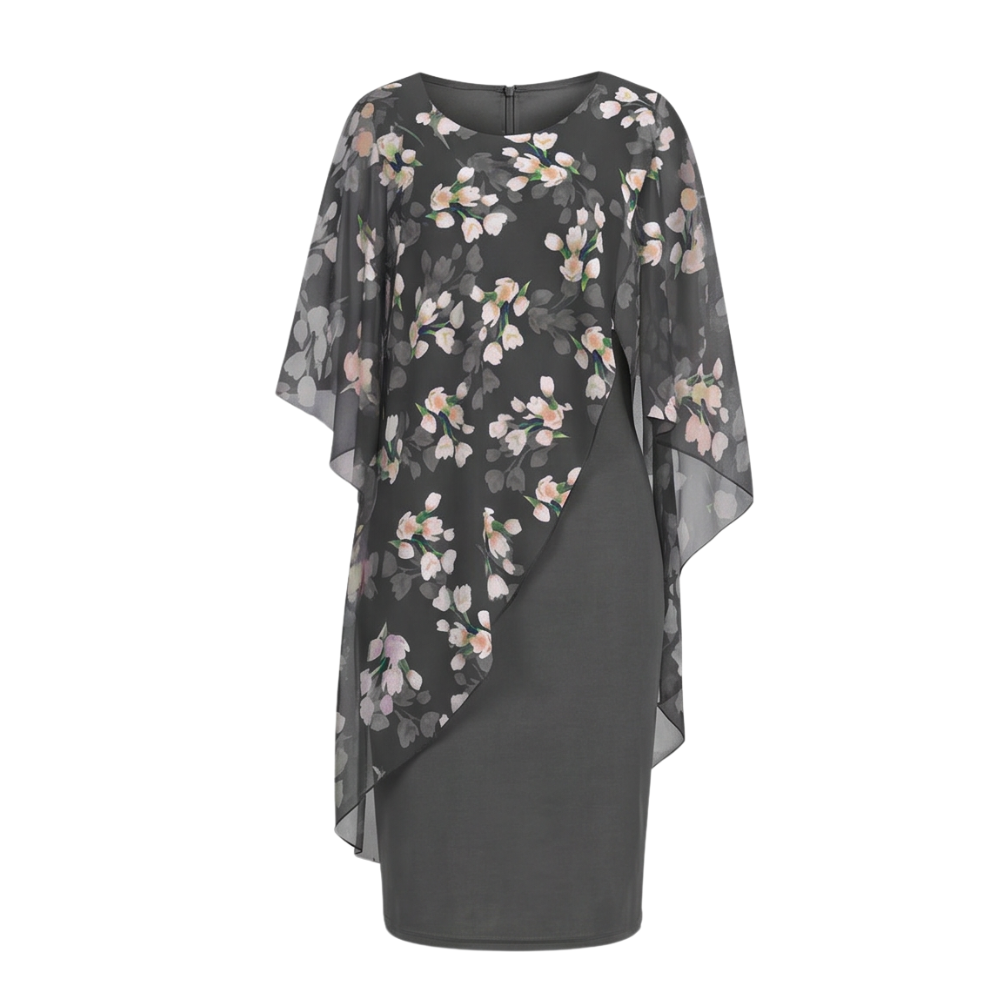 Floral Chiffon Cape Overlay Dress for Wedding Guest