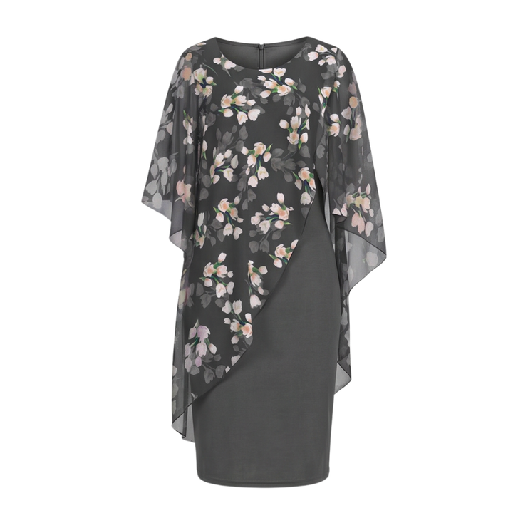Floral Chiffon Cape Overlay Dress for Wedding Guest