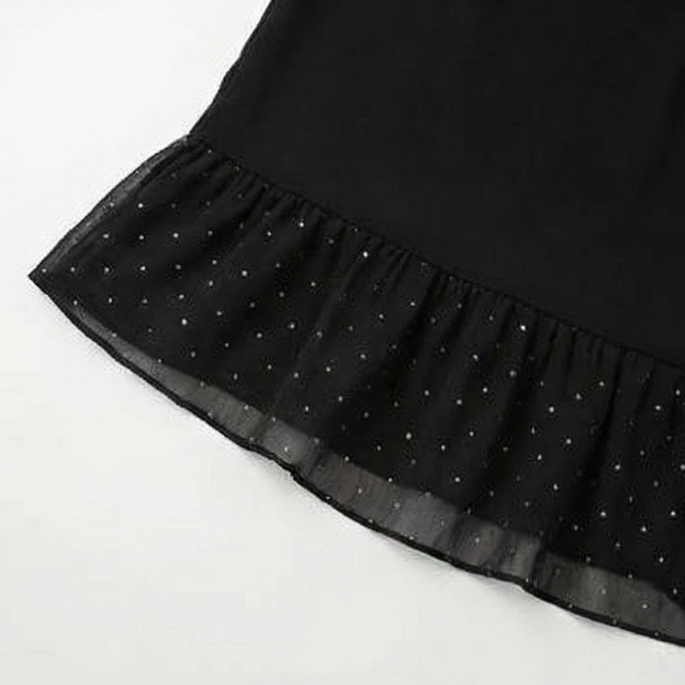 Rhinestone Mesh Sleeve Dress With Ruffle Hem For Women