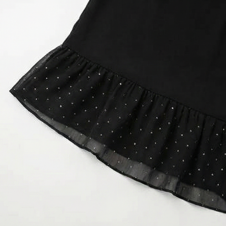 Rhinestone Mesh Sleeve Dress With Ruffle Hem For Women