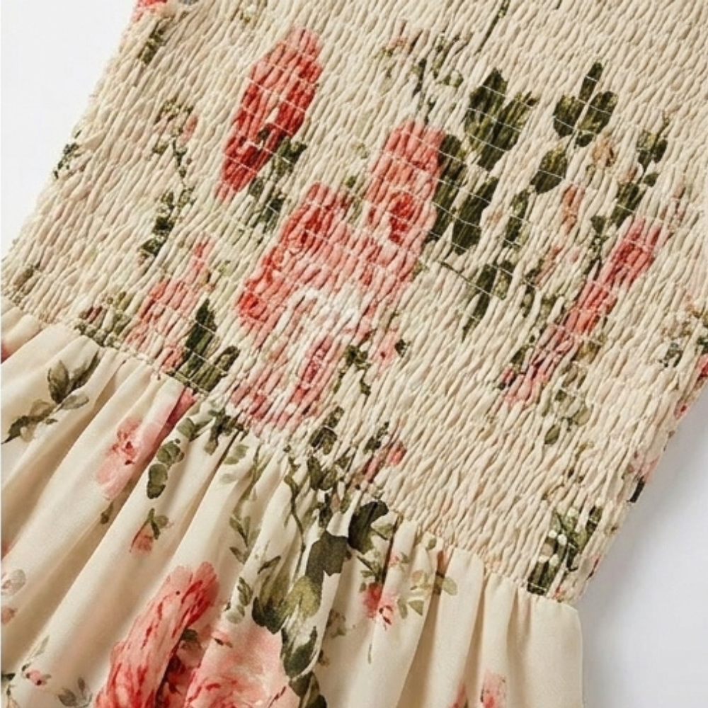 Vestido midi floral con cintura fruncida para mujer