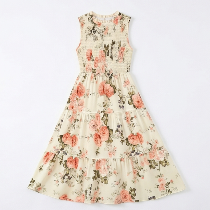 Vestido midi floral con cintura fruncida para mujer