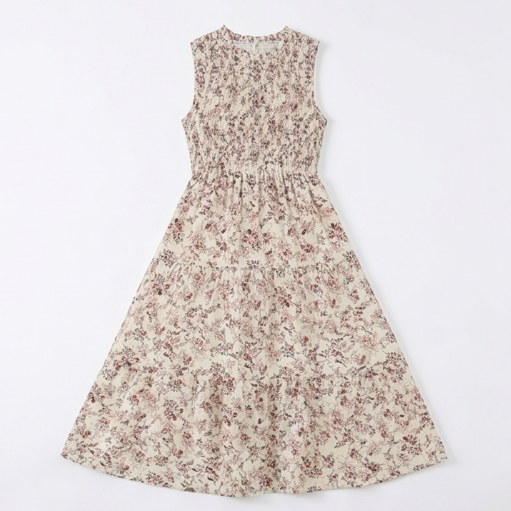 Vestido midi floral con cintura fruncida para mujer