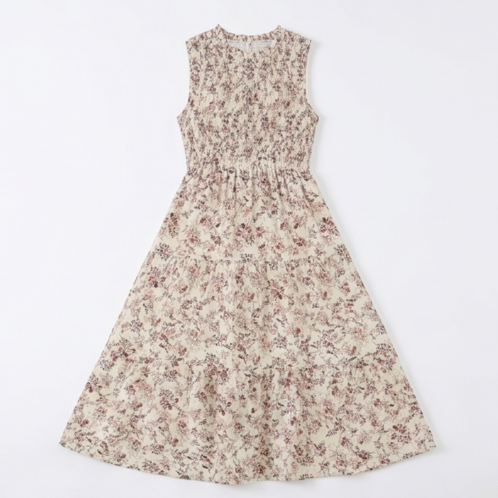 Vestido midi floral con cintura fruncida para mujer