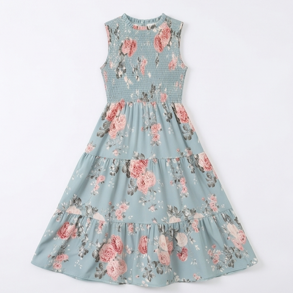 Vestido midi floral con cintura fruncida para mujer