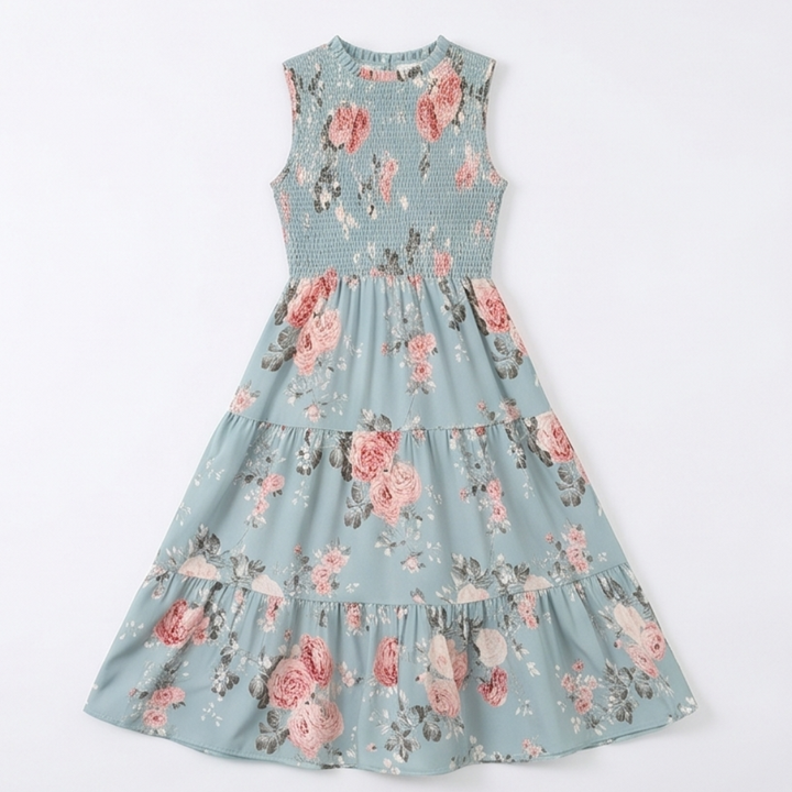 Vestido midi floral con cintura fruncida para mujer