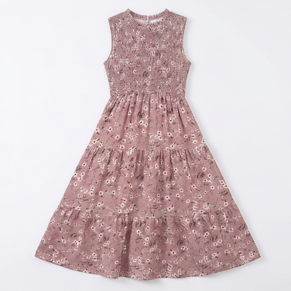 Vestido midi floral con cintura fruncida para mujer
