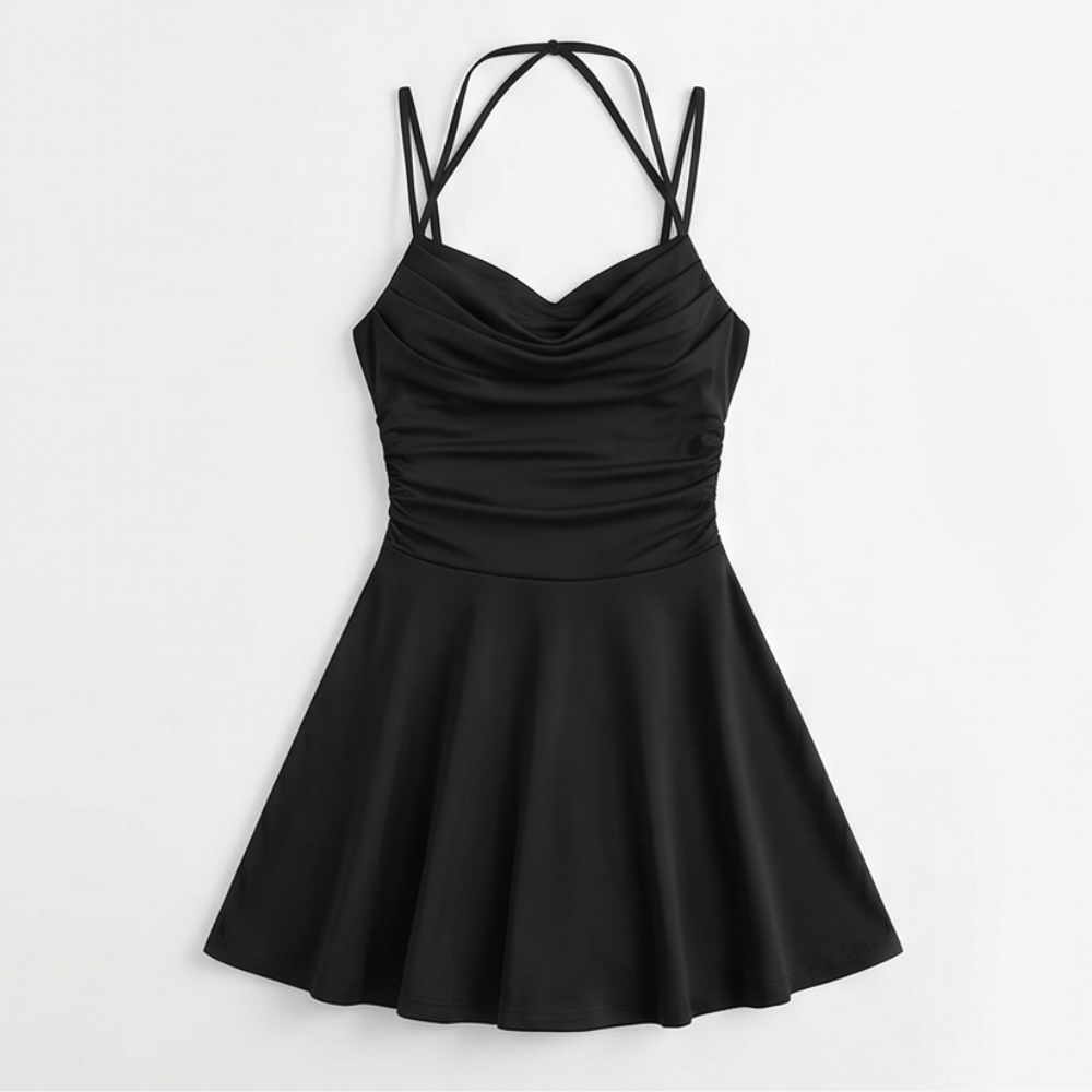 Cowl Neck Mini Dress - Ruched Satin Wedding Guest Dress