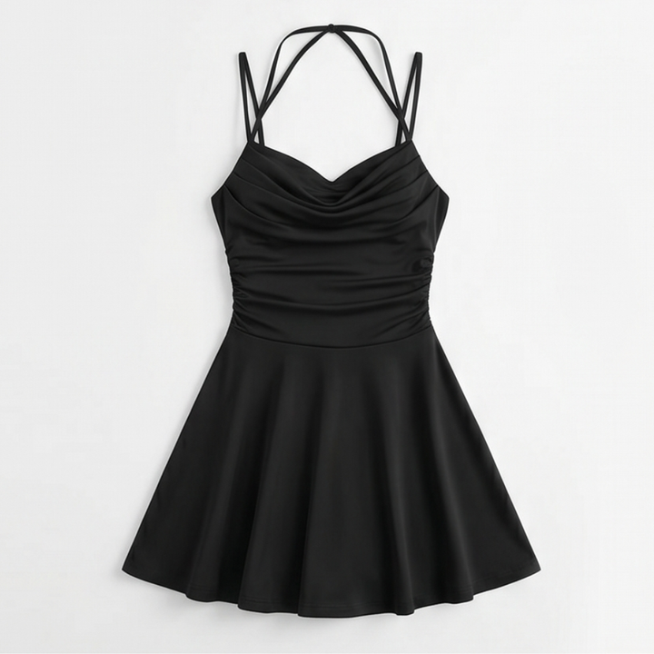 Cowl Neck Mini Dress - Ruched Satin Wedding Guest Dress
