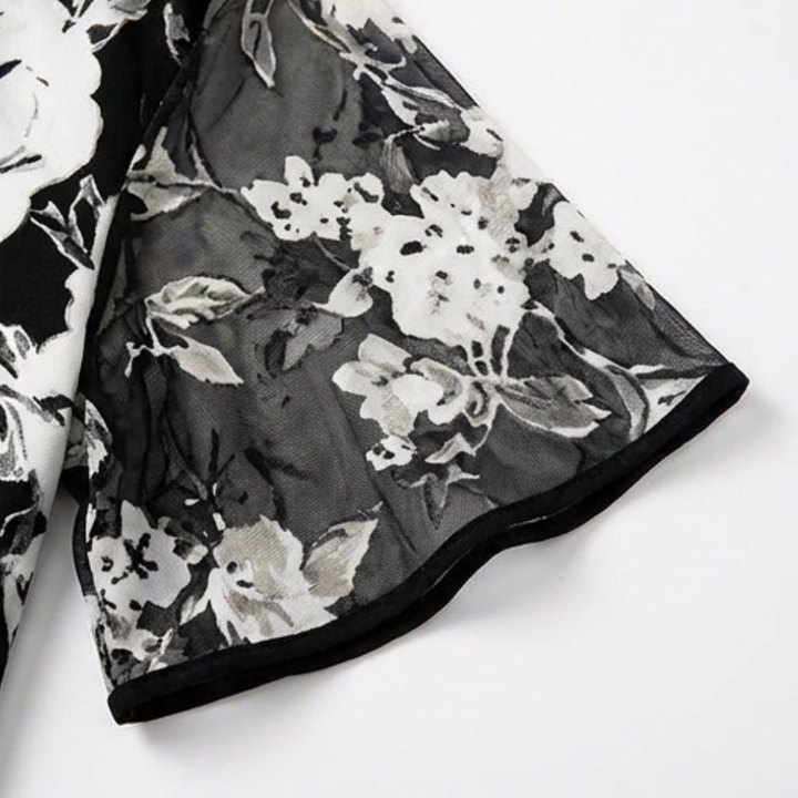 Floral Chiffon Dress with Sheer Overlay and Flutter Sleeves