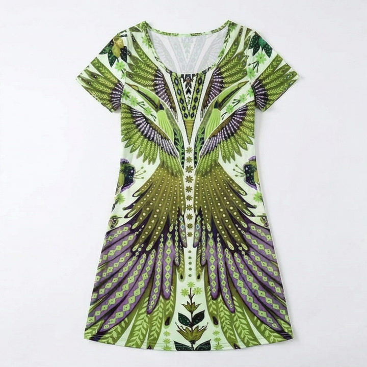 Peacock Print Summer Dress - Short Sleeve Knee Length Dress
