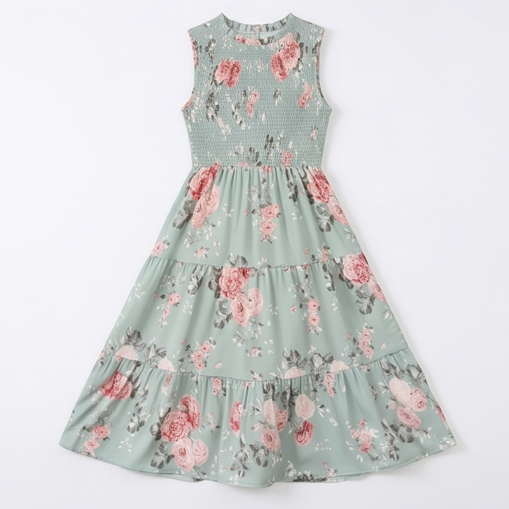Vestido midi floral con cintura fruncida para mujer