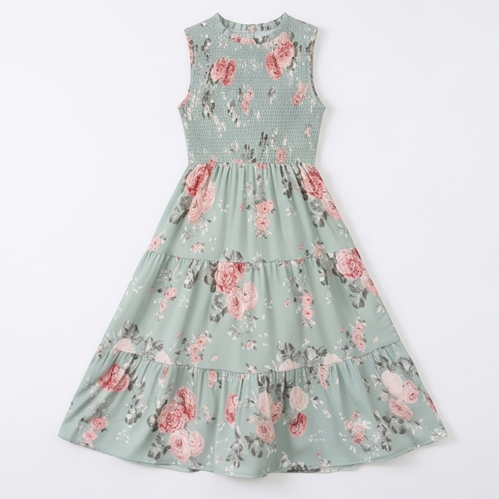 Vestido midi floral con cintura fruncida para mujer