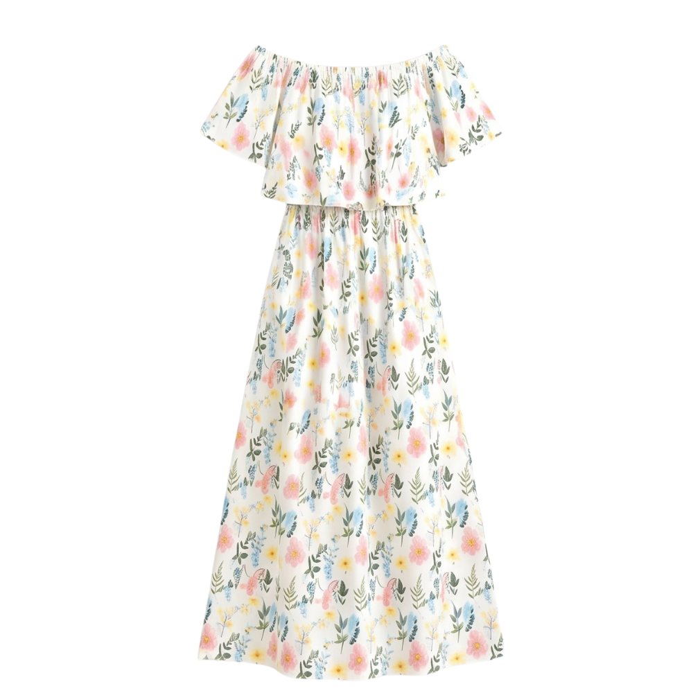 Vestido largo con hombros descubiertos y bolsillos - Estampado floral para mujer