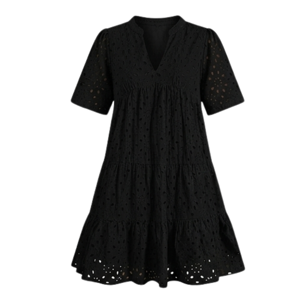 Vestido de algodón con ojales, escote en V, silueta babydoll con volantes