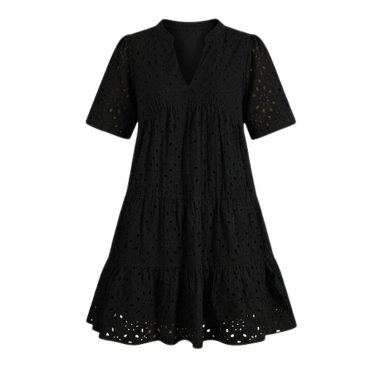 Vestido de algodón con ojales, escote en V, silueta babydoll con volantes