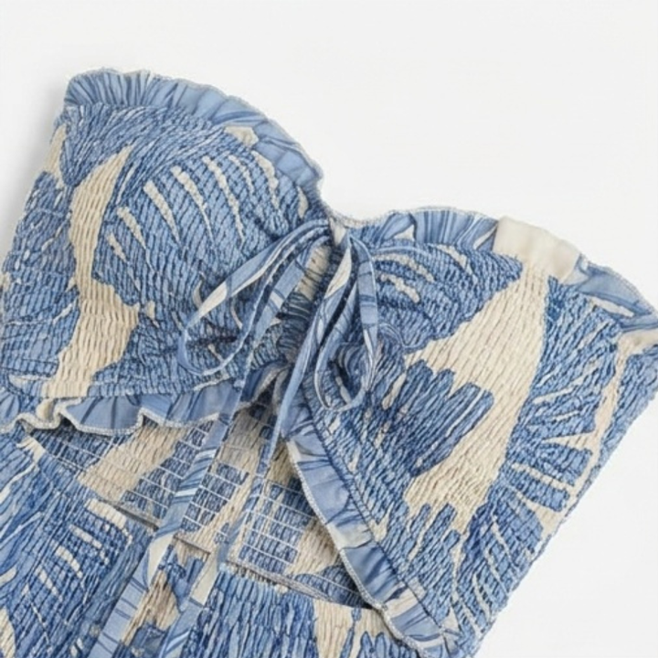 Vestido largo sin tirantes - Cuerpo fruncido con estampado de palmeras y dobladillo sirena
