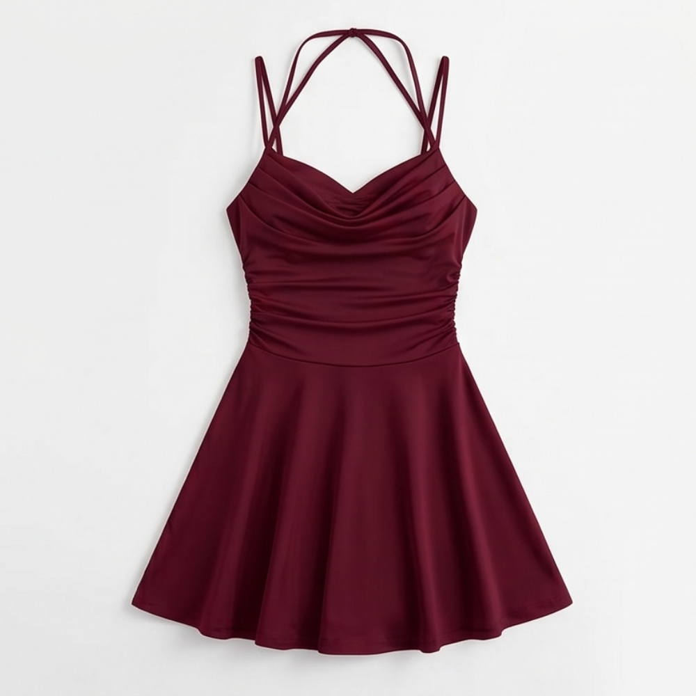 Cowl Neck Mini Dress - Ruched Satin Wedding Guest Dress