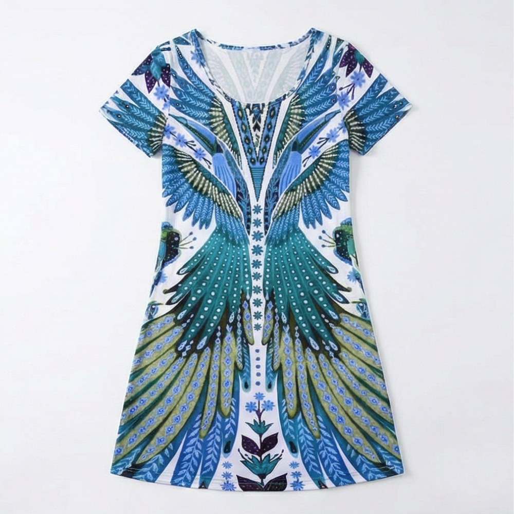 Peacock Print Summer Dress - Short Sleeve Knee Length Dress