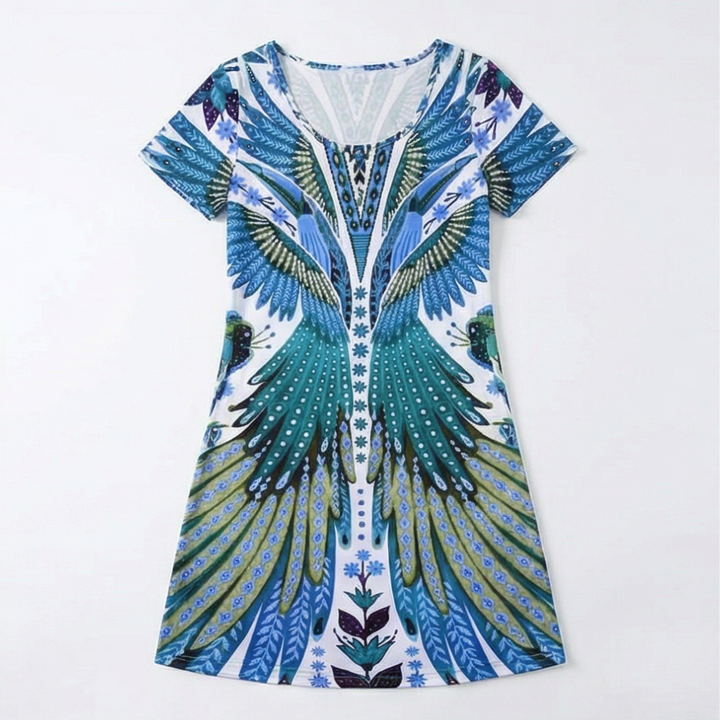 Peacock Print Summer Dress - Short Sleeve Knee Length Dress
