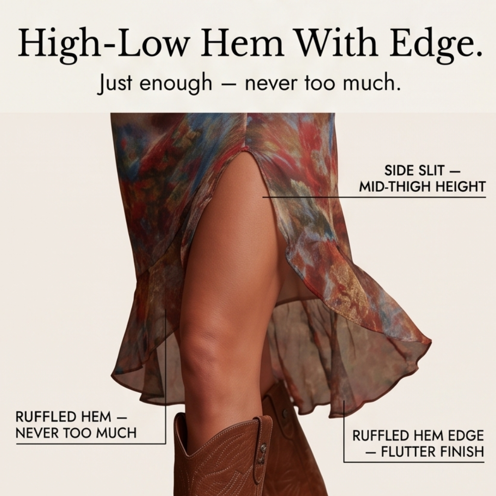 Watercolor Ruched Midi Dress with High-Low Hem