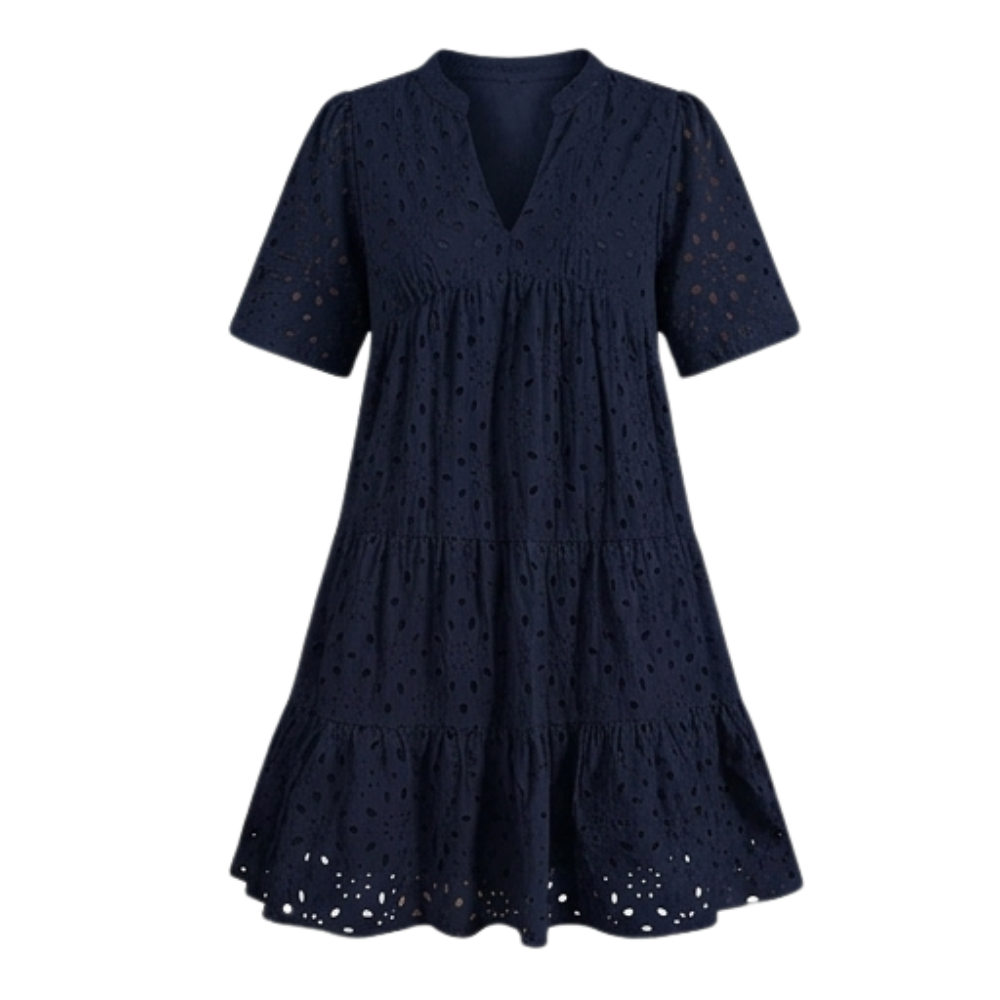 Vestido de algodón con ojales, escote en V, silueta babydoll con volantes