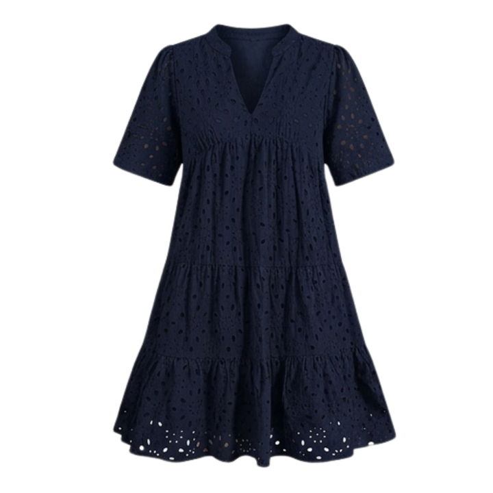 Vestido de algodón con ojales, escote en V, silueta babydoll con volantes