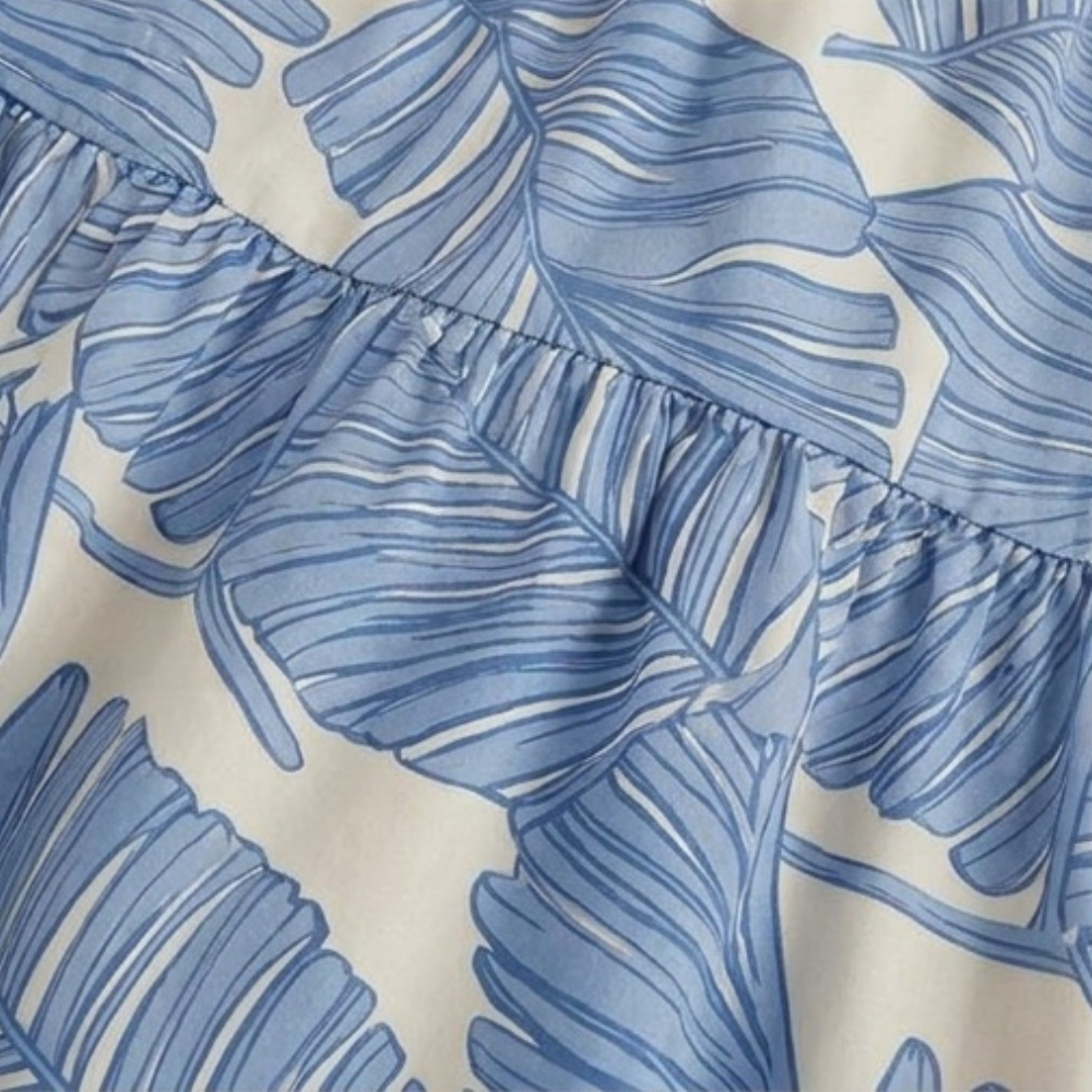 Vestido largo sin tirantes - Cuerpo fruncido con estampado de palmeras y dobladillo sirena
