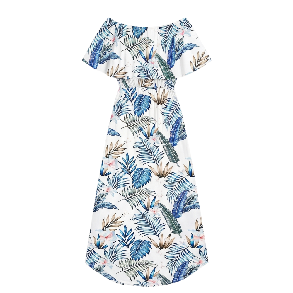 Vestido largo con hombros descubiertos y bolsillos - Estampado floral para mujer