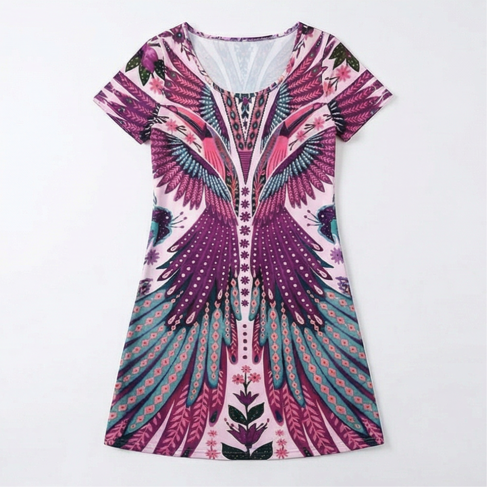 Peacock Print Summer Dress - Short Sleeve Knee Length Dress