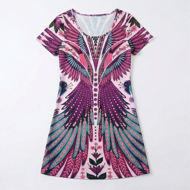 Peacock Print Summer Dress - Short Sleeve Knee Length Dress