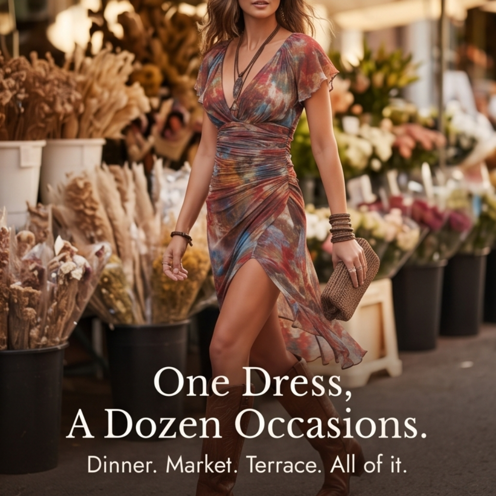 Watercolor Ruched Midi Dress with High-Low Hem