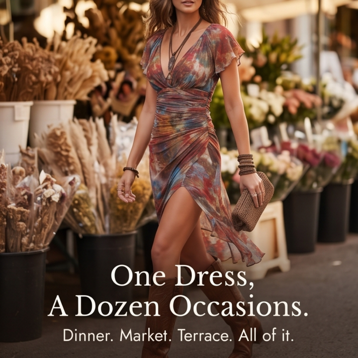 Watercolor Ruched Midi Dress with High-Low Hem