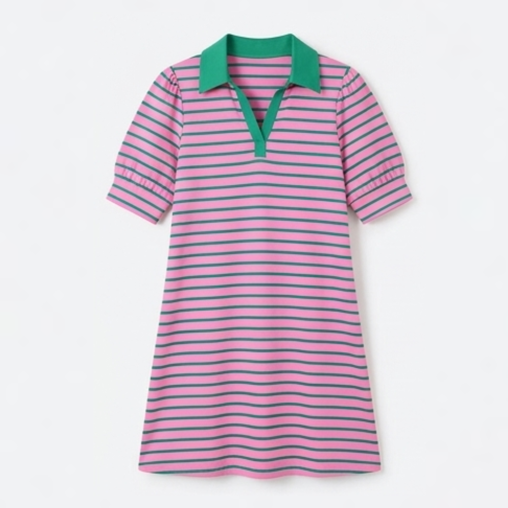 Vestido polo a rayas para mujer - Algodón línea A con cuello en V casual