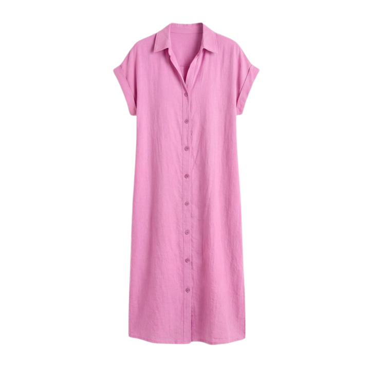 Linen Midi Dress Women Button Down Short Sleeve Summer