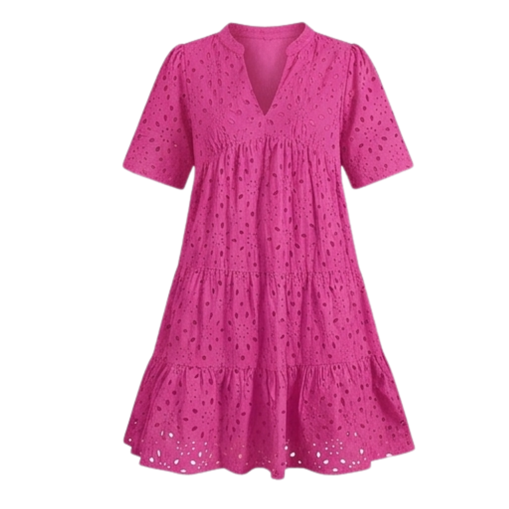 Vestido de algodón con ojales, escote en V, silueta babydoll con volantes