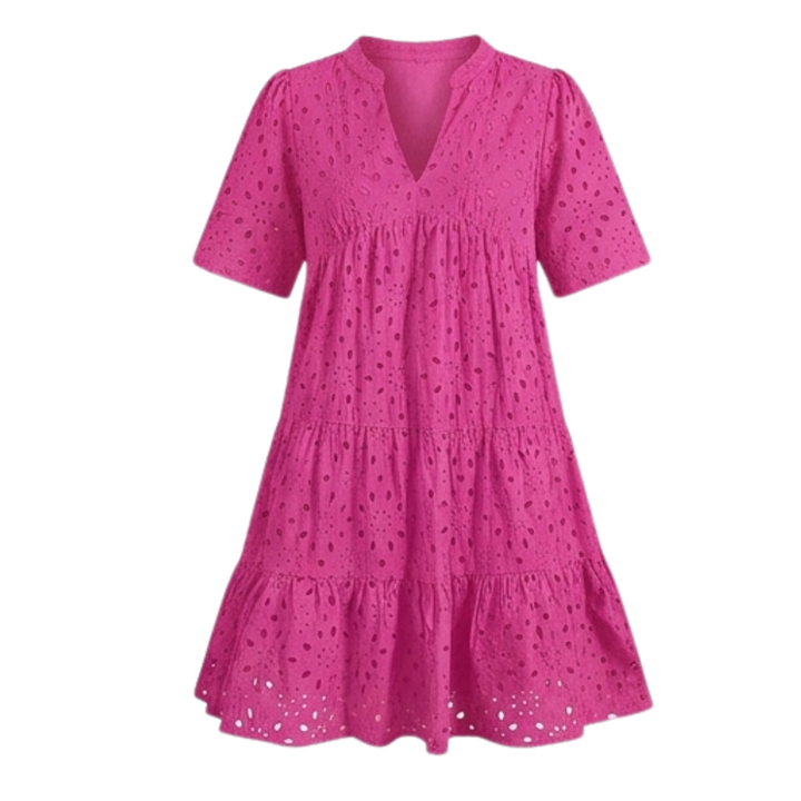 Vestido de algodón con ojales, escote en V, silueta babydoll con volantes