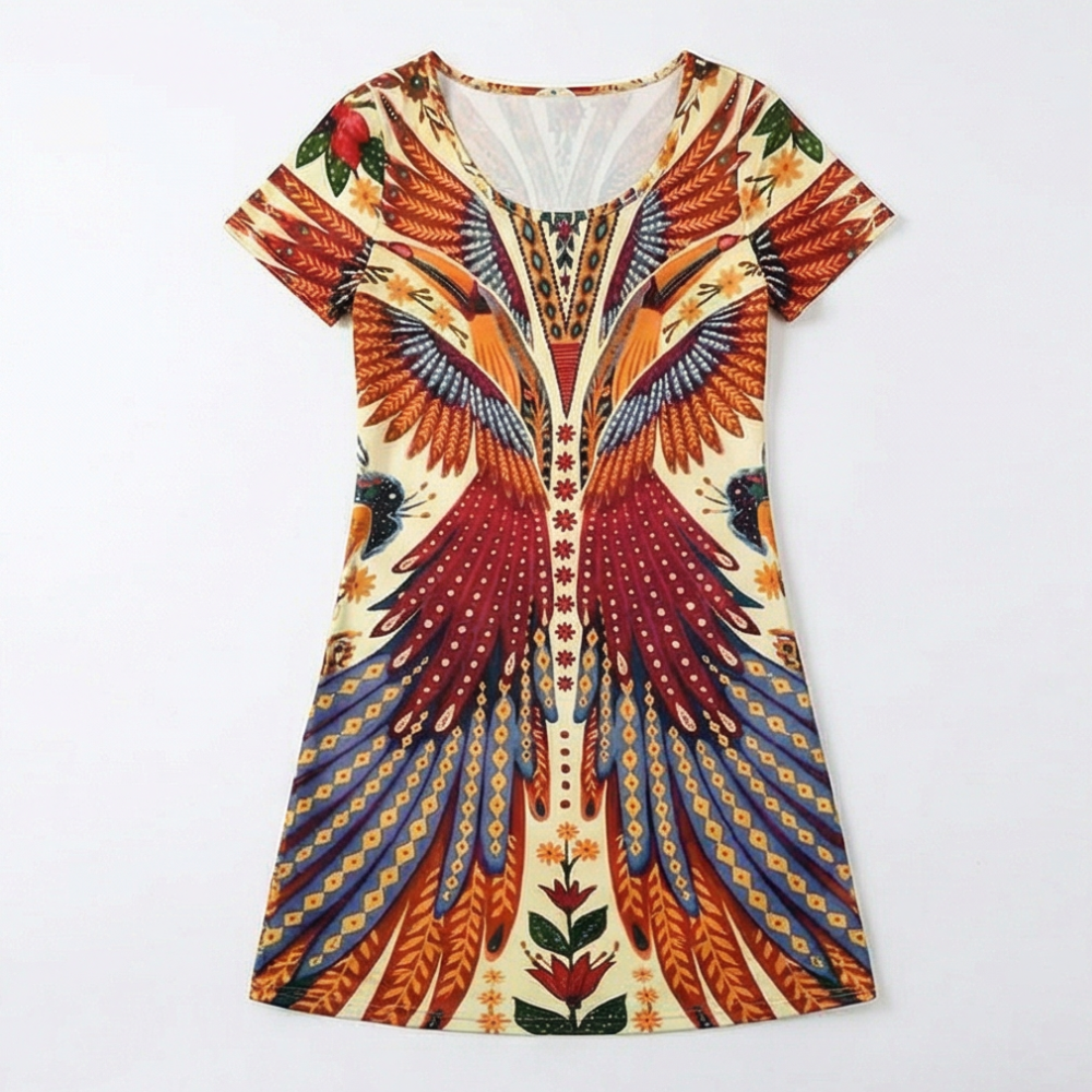 Peacock Print Summer Dress - Short Sleeve Knee Length Dress