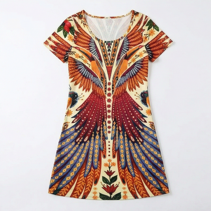 Peacock Print Summer Dress - Short Sleeve Knee Length Dress